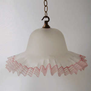 Pair of frill edged frosted glass shades with pink stripes, for pendant lamps no.20